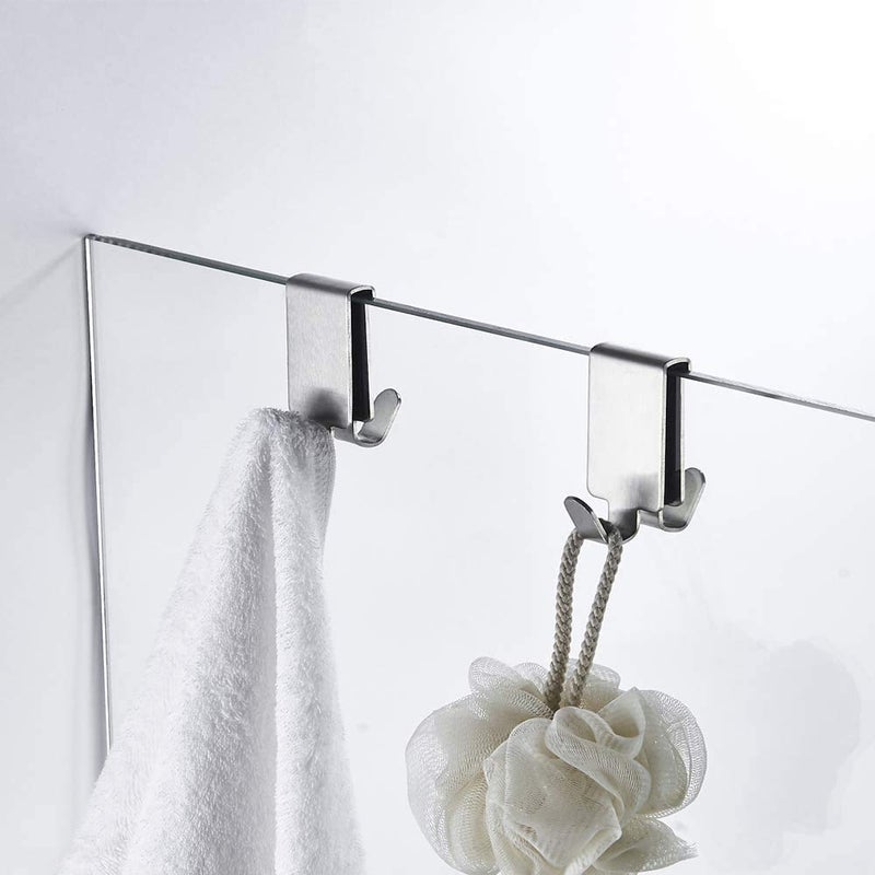 MOKIUER Double Hooks for Glass Shower Door  Towel Hooks Over The Bathroom Glass Wall 0.31-0.39in  Stainless Steel  Brushed 2 Pack. - Image 1